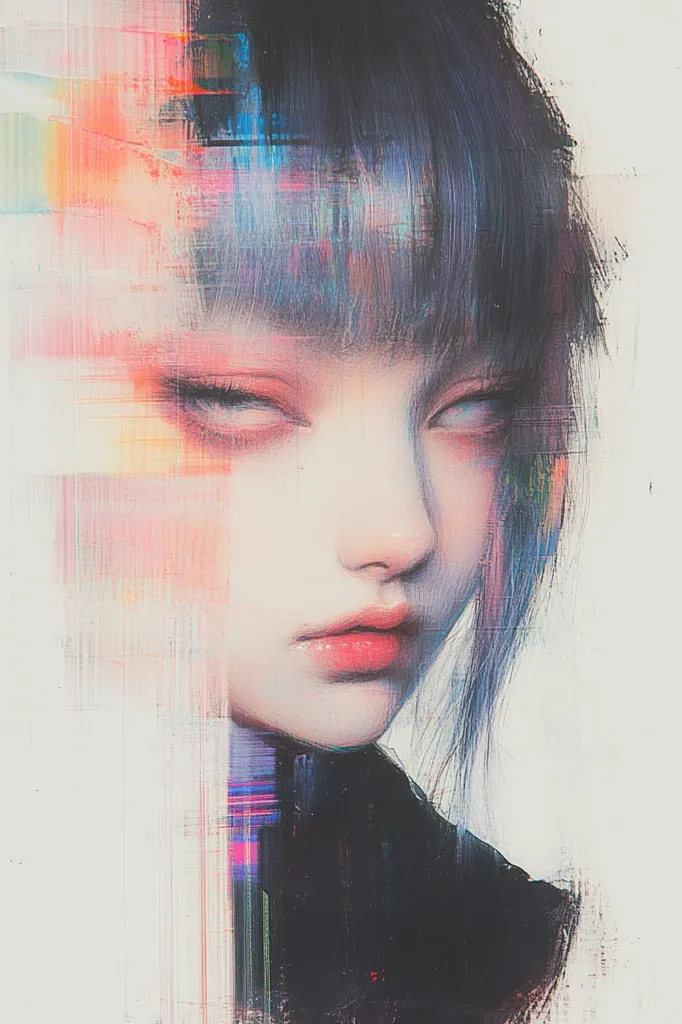 The image is a digital painting of a young woman with short, dark blue hair. Her eyes are closed, and she has a serious expression. The painting is done in a style that suggests a digital glitch or distortion, with streaks of color and pixelation. The woman is wearing a black shirt. The background is a light, abstract design. The overall effect is one of mystery and intrigue.