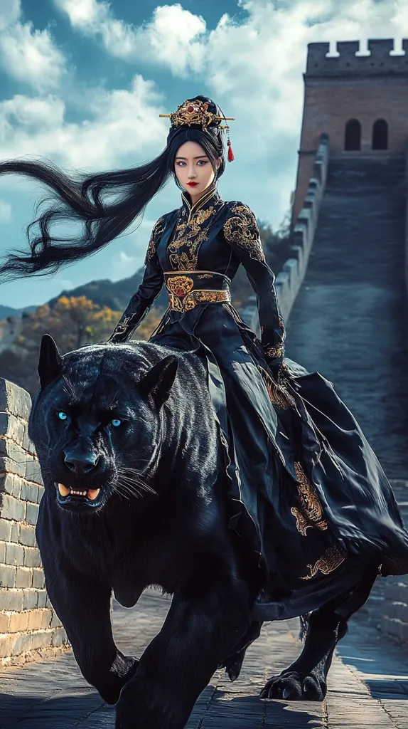 A woman in a traditional Chinese dress and a golden headdress rides a large black panther. She has long black hair and is looking directly at the camera. The panther is running towards the camera, its mouth slightly open, revealing sharp teeth. In the background, a large brick wall, possibly the Great Wall of China, rises above them. The sky is partly cloudy, with hints of blue. The image has a dramatic and mystical feel.