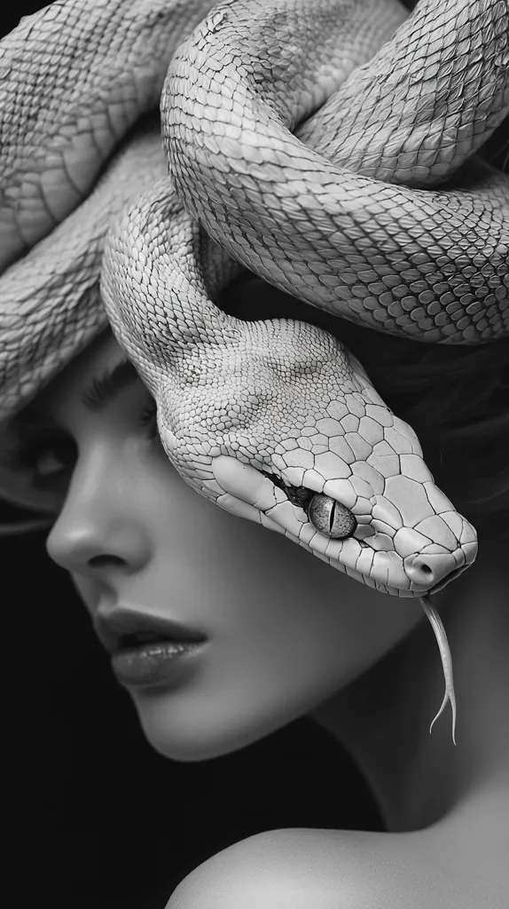 A black and white image of a woman with a large snake wrapped around her head. The snake's scales are visible and its eye is looking directly at the viewer. The woman's face is partially obscured by the snake, but her lips are visible. The image is dramatic and evocative.