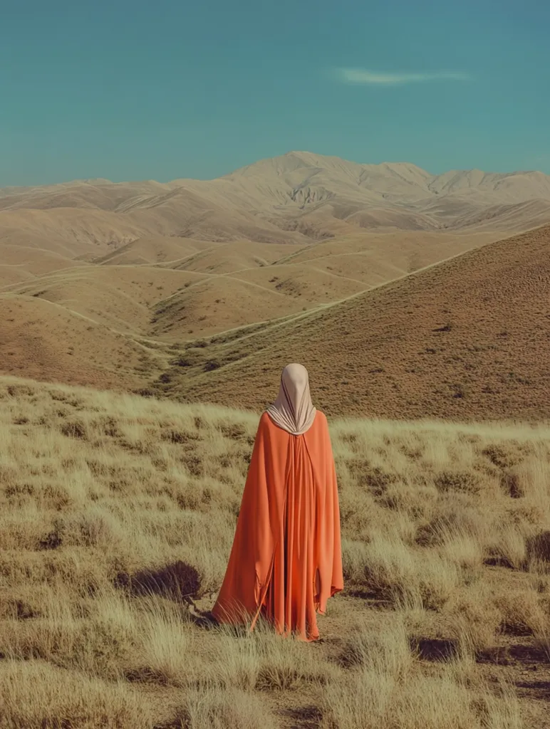A lone figure in a flowing orange robe stands in a grassy field, their face obscured by a pale scarf. The figure stands against a backdrop of rolling hills that stretch into the distance. The sky above is a clear, light blue. The overall atmosphere is one of solitude and contemplation.  The scene evokes a sense of mystery and quiet contemplation.