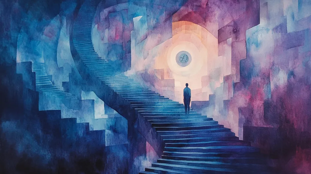A lone figure stands at the bottom of a long, winding staircase. The staircase leads up to a glowing light at the top of the image. The scene is painted in a watercolor style, with blues, purples and pinks dominating the image. The scene suggests a journey, with the light representing hope or a destination. The figure appears to be both small and insignificant in the face of this large, seemingly insurmountable, task.