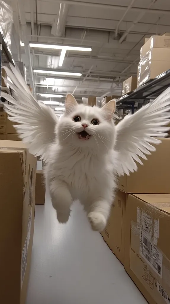 A white cat with large, feathery wings is flying through a warehouse. The cat has a surprised expression on its face and is mid-flight, with its paws outstretched. The warehouse is filled with cardboard boxes, and the cat is flying towards the viewer. The image is light and airy, and the cat's wings create a sense of motion and wonder.