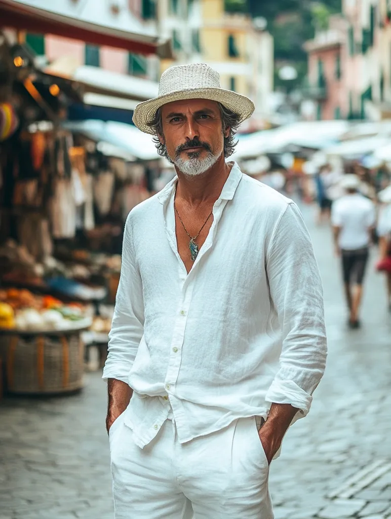 A man in a white linen shirt and white pants stands in a cobbled street, his hands in his pockets. He is wearing a wide-brimmed straw hat and a silver necklace with a turquoise pendant. He has a salt and pepper beard and is looking directly at the camera. The background is a bustling market with buildings and people in the distance.