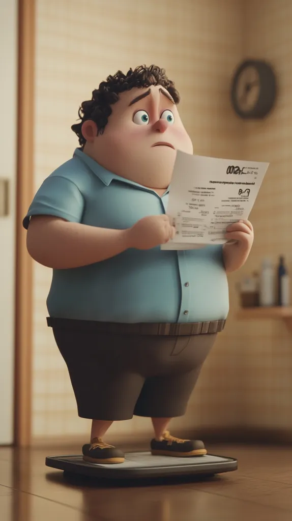 A cartoon man stands on a weight scale, holding a piece of paper. He looks sad and dismayed as he reads the paper. He is dressed in a light blue shirt, dark pants, and brown shoes. He has dark brown hair, large eyes, and a round face. The scene takes place in a bathroom with a wooden floor, a door, and a wall clock.  The man's weight is likely causing him stress.  He is looking down, possibly at the weight reading on the scale. The image suggests a story about weight loss, health, or self-esteem.