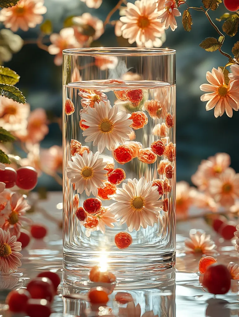A glass of water filled with delicate white flowers and small orange berries. The flowers are floating in the water, and the berries are scattered throughout the glass. The glass is sitting on a table, and there are more flowers and berries scattered around it. The sun is shining through the window, casting a warm glow on the scene. The image is soft and dreamy, capturing the beauty of simple things.