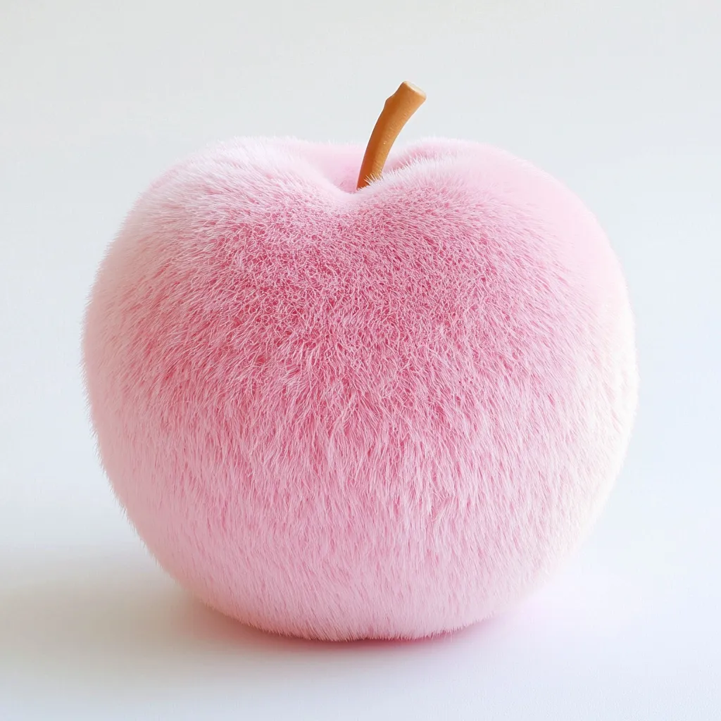 A fluffy pink apple with a brown stem sits against a white background. The apple is covered in a soft, fuzzy material that resembles fur. The texture is light and airy, creating a whimsical and playful appearance. The apple's shape is rounded and symmetrical, with a slight indentation at the top where the stem is attached. The image evokes a sense of sweetness and innocence.