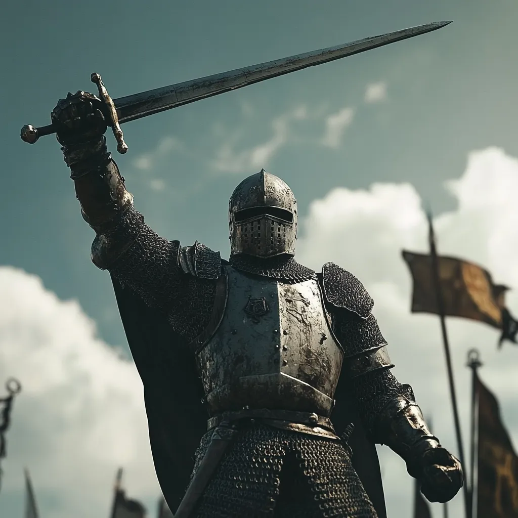 A knight in full armor stands with his sword raised high, a triumphant expression on his face. He is clad in chainmail and plate armor, his helmet obscuring his features. The sky behind him is a canvas of swirling clouds, hinting at the intensity of the battle he has just won. Flags flutter in the wind in the background, a symbol of victory and the strength of his army.  The image captures the power and determination of a victorious warrior.