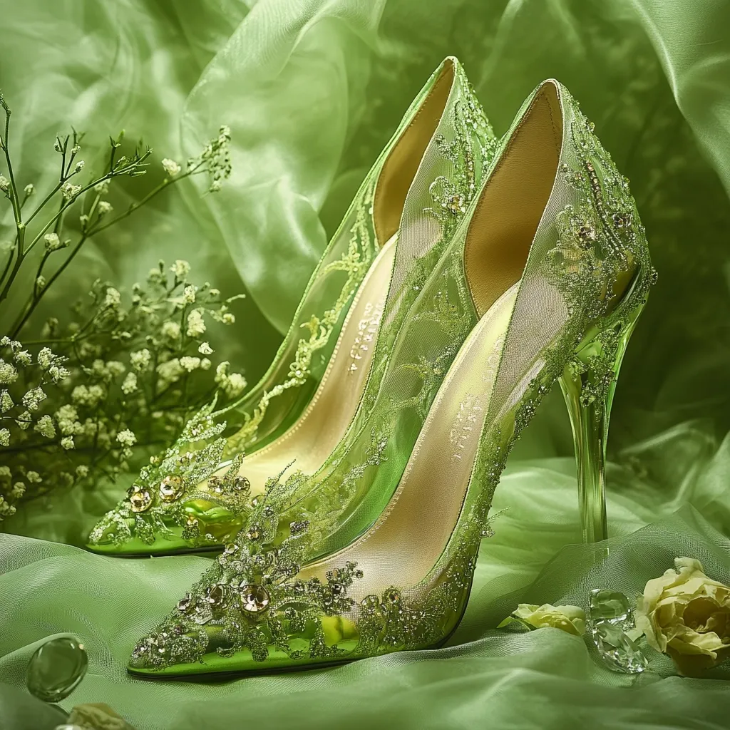 A pair of delicate, green, high-heeled shoes with intricate lace detailing are nestled on a soft, green fabric. The shoes are transparent, revealing the golden inner sole and heel. The shoes are adorned with sparkling embellishments, creating a glamorous and ethereal look. The scene is accented by delicate white flowers and a single, white rose, adding a touch of romance.