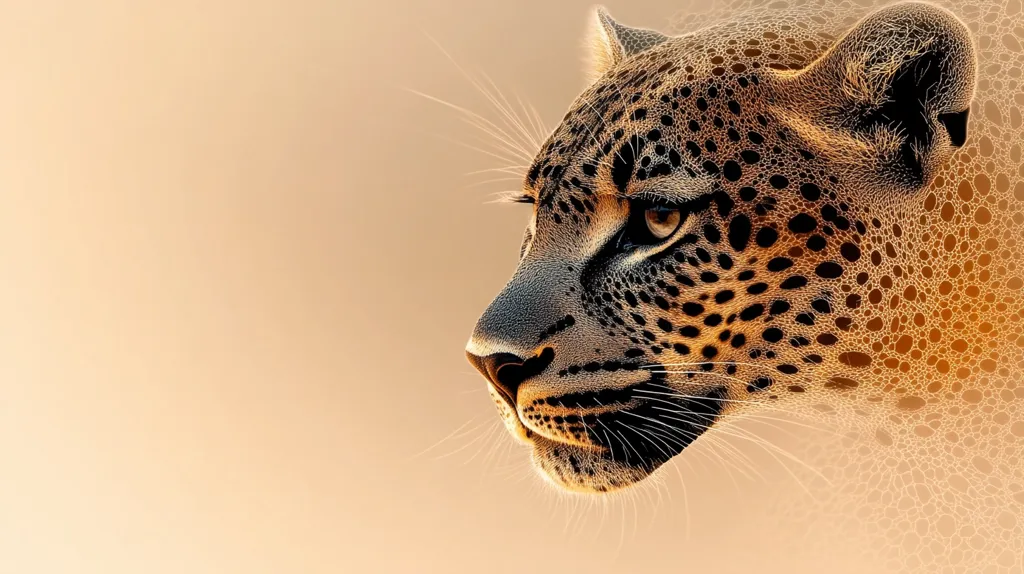 A close-up shot of a leopard's face, captured in profile against a blurred, tan background. Its dark, spotted fur is prominent, along with a single, piercing golden eye. The image highlights the leopard's powerful features and intricate markings, creating a striking visual.