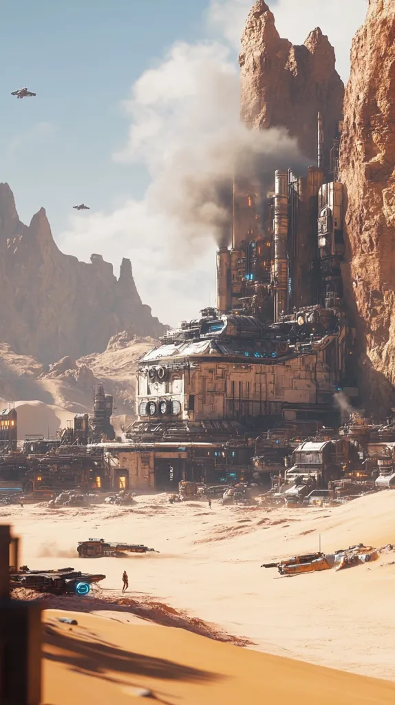 A futuristic city is built into a canyon, with towering rock formations on either side. The city is made of metal and glass, with smoke billowing from its chimneys. In the foreground, a desert stretches out, with a few vehicles and a lone figure walking across the sand. The sky is clear and blue, with a few clouds drifting by. The image depicts a scene of industrial activity and a sense of isolation.
