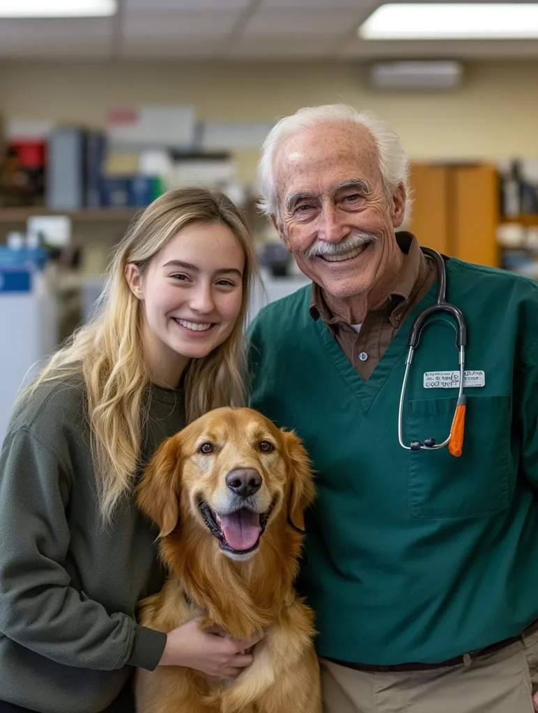 A young woman, a smiling elderly man, and a golden retriever are all standing together. The woman is wearing a green sweater and holding the dog in her arms. The man is wearing a green shirt with a stethoscope around his neck. The dog is looking up at the camera with its mouth open in a smile. They appear to be in a veterinary office.