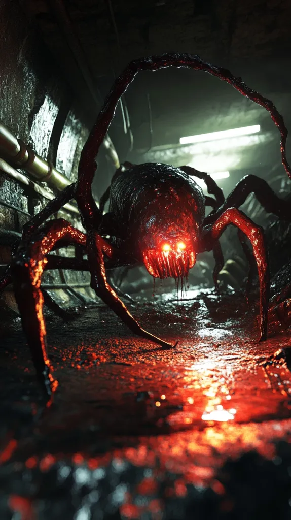 A monstrous, eight-legged creature with glowing red eyes lurks in a dark, industrial setting. Its body is covered in a viscous, red substance that drips from its sharp mandibles. The creature's legs are long and spidery, its presence casting a menacing shadow over the wet concrete floor. The overall image evokes a sense of dread and the unknown.