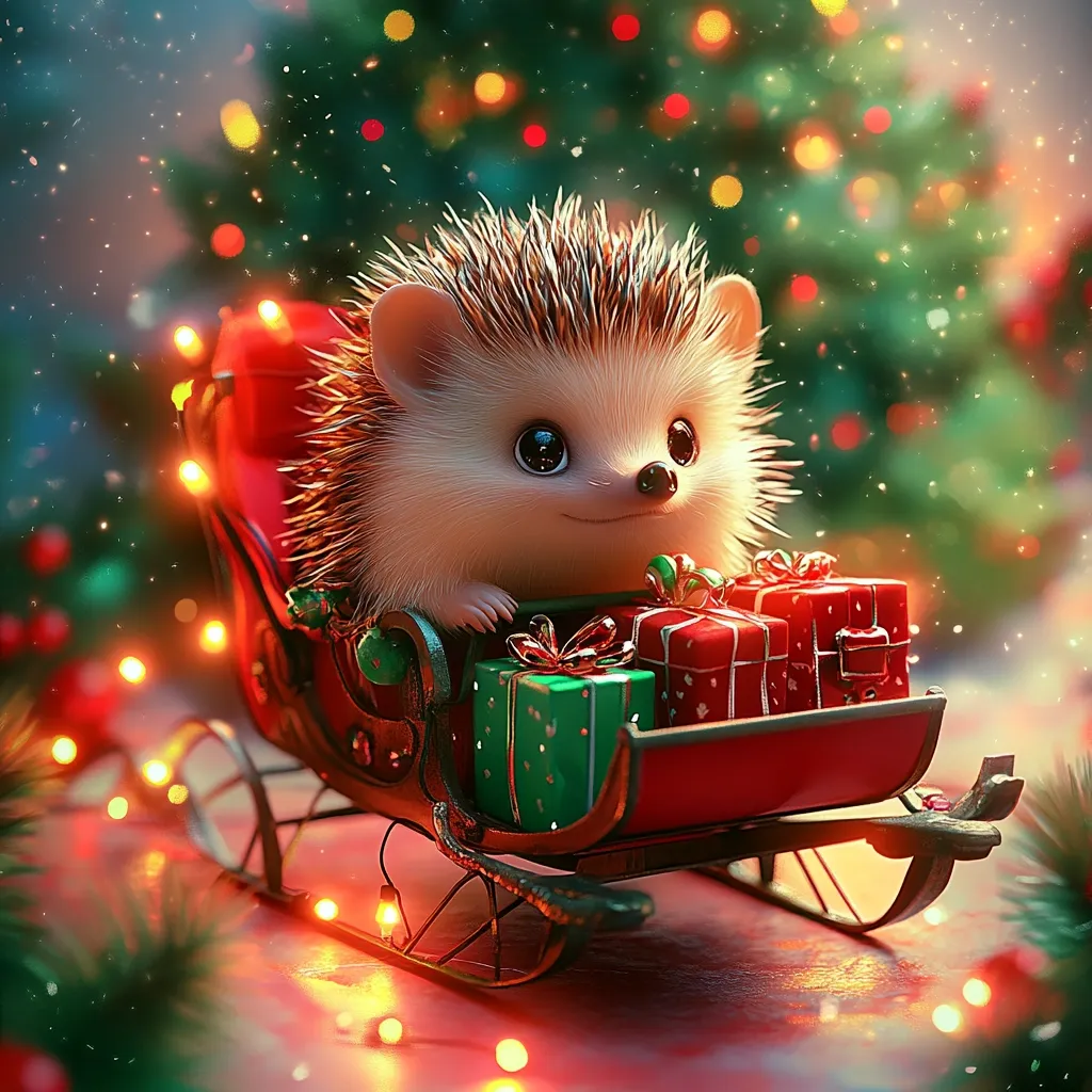 A cute, fuzzy hedgehog sits in a red sleigh filled with Christmas presents. He is surrounded by twinkling lights and a blurry background of a Christmas tree. The hedgehog has large, innocent eyes and a sweet smile, creating a charming Christmas scene.  The image evokes feelings of joy, warmth, and the magic of the holiday season.