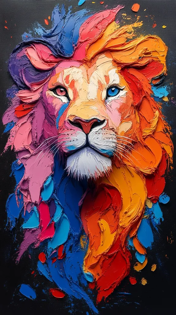 The painting depicts a lion's head with a thick mane. The artist has used bold, expressive brushstrokes to create a vibrant and textured surface. The lion's face is a mix of pinks, yellows, and oranges, creating a surreal and playful effect.  The background is dark, contrasting sharply with the bright colors of the lion.  The overall impression is one of energy and movement.