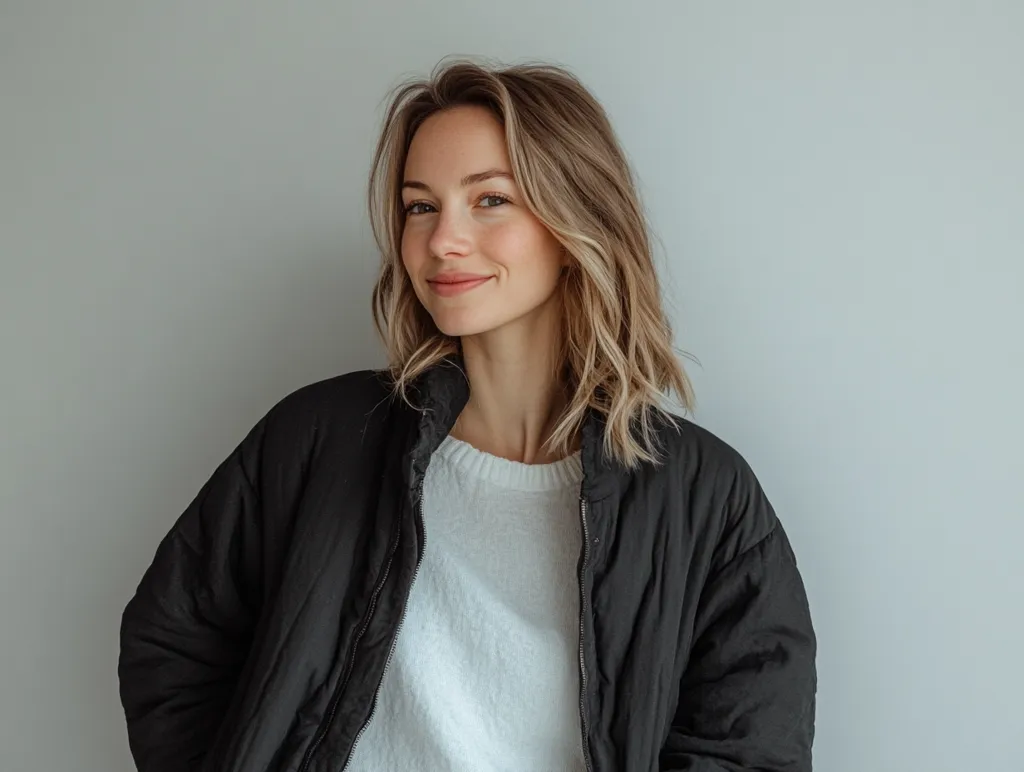 A young woman with long, wavy blonde hair stands in front of a white wall, wearing a black puffy jacket over a white sweater. She has a warm smile on her face and looks slightly to the left, with her hair framing her face. She appears confident and approachable.