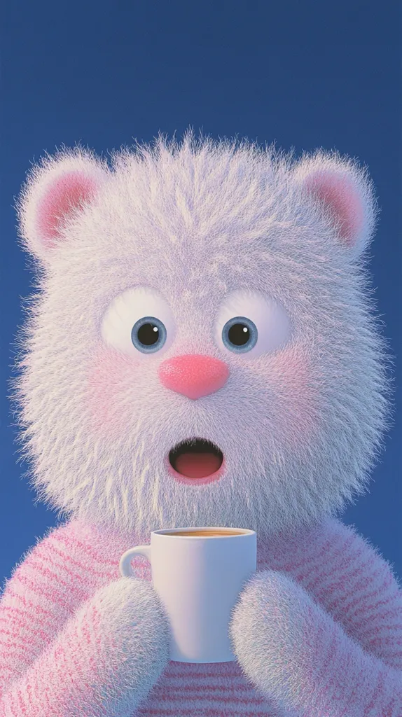 A white, fluffy bear wearing a pink sweater with white stripes is holding a cup of coffee. The bear has large, blue eyes and a surprised expression on its face. The background is a solid, light blue. The image is stylized, with a cartoonish aesthetic.  The bear's fur is rendered in a way that gives it a soft, cuddly appearance. The overall tone of the image is whimsical and charming.