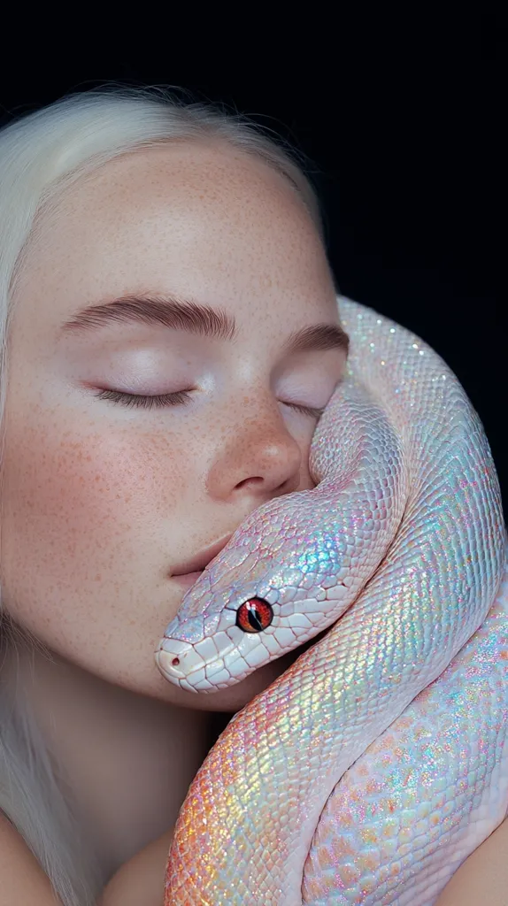 A young woman with pale skin and platinum blonde hair rests her cheek against a large, iridescent white snake.  The woman's eyes are closed, and she appears to be asleep. The snake’s scales shimmer in the light, and its red eye peeks out from beneath the woman's chin.  The image is a striking juxtaposition of beauty and danger.