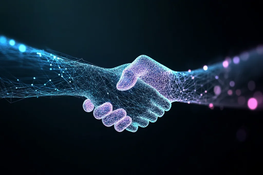 The image depicts two hands shaking in a handshake. They are rendered in a digital, abstract style, composed of glowing lines and dots, like a constellation of stars. The blue and pink hues of the hands create a sense of connection and unity, set against a dark background. The image suggests a partnership, agreement, or collaboration in a digital or technological realm.