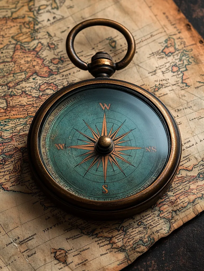 An antique compass with a brass frame and a blue face rests on a vintage map. The compass needle points north, with the directions of north, south, east, and west labeled on the face. The map is weathered and has a brown and yellow color palette.
