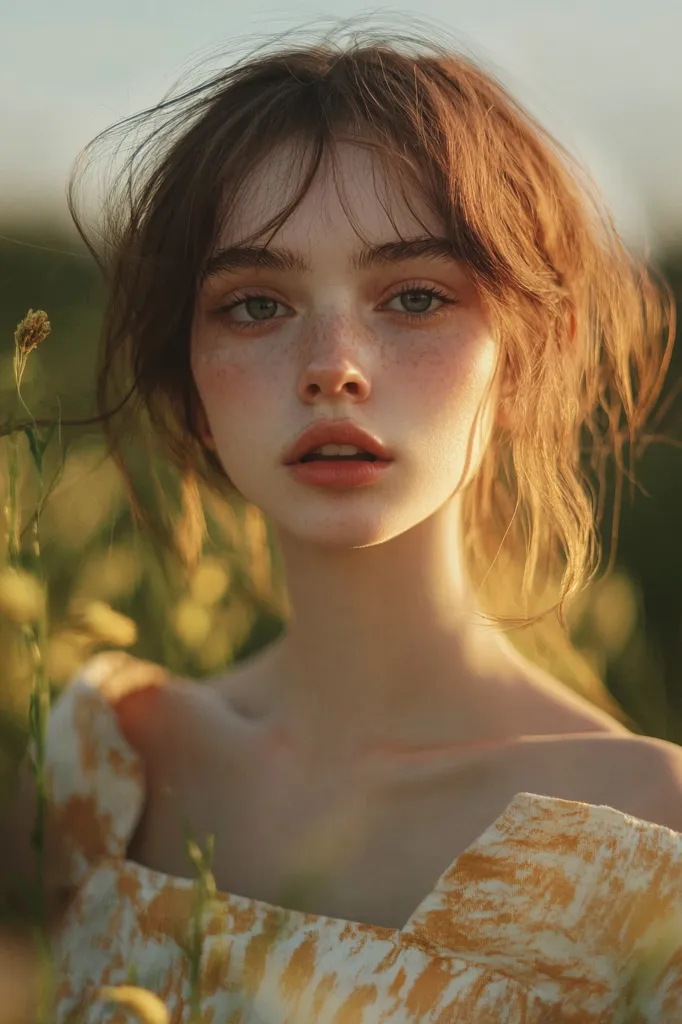 Sunset golden hours::2 ,medium Close-up portrait of a Japanese beautiful young woman,freckles, photorealistic, no background, portrait shot in Kodak Portra 400 film colors, Telephoto lens 250mm, --ar 2:3 --s 50 --v 6.1