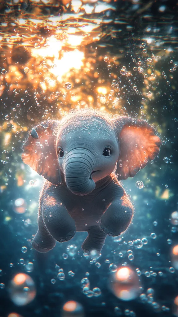 A baby elephant swims upside down in clear blue water.  The elephant is facing the camera, with its trunk pointing downwards.  Bubbles surround the elephant and a blurry, sunlit background can be seen through the water. The elephant's big eyes are visible, and its trunk is slightly curled up.  The image evokes a sense of wonder and innocence.