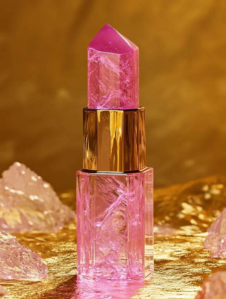 A pink crystal lipstick tube sits on a bed of gold and white crystal shards.  The lipstick tube is made of a clear material with a pink crystal filling. The gold cap adds a touch of luxury to the already elegant design.  The image creates a luxurious and glamorous mood.