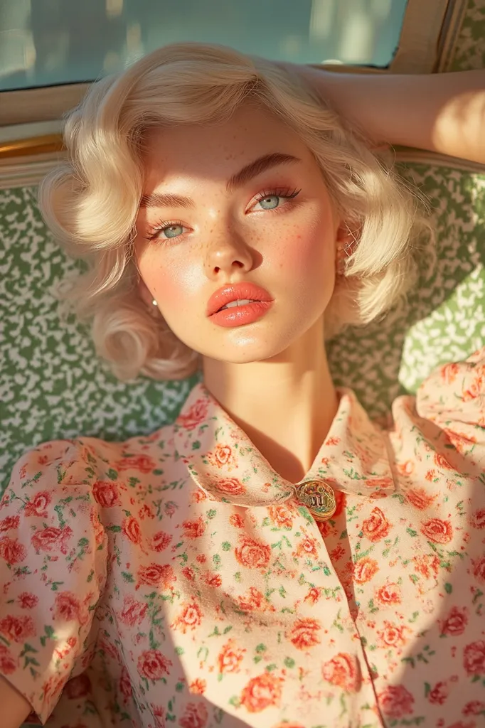 A young woman with blonde, curly hair is wearing a pink floral blouse. She has rosy cheeks and bright blue eyes, and she is looking at the camera with a soft smile. She is lying down and has a gentle expression on her face. The image is soft and romantic, with a vintage feel.  The lighting creates a warm and inviting atmosphere.  The  image is well-composed and captures the beauty of the model.  The  overall effect is one of elegance and charm.