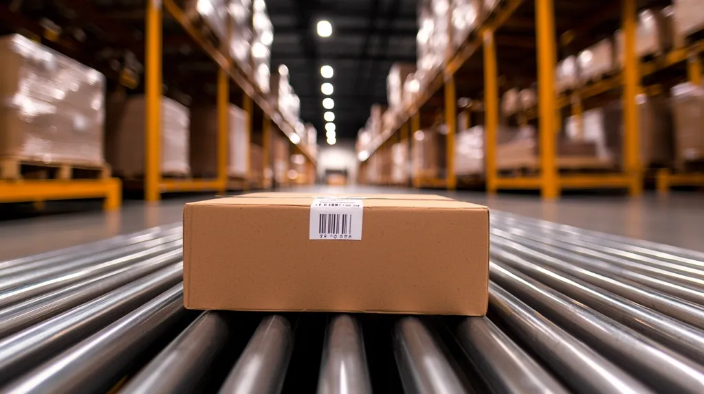 A cardboard box with a barcode sits on a metal conveyor belt in a warehouse. The box is brown and appears to be ready for shipping. The conveyor belt runs through the center of the warehouse, which is filled with shelves and boxes. The warehouse is brightly lit and has a modern feel. The image captures the efficiency and speed of modern logistics.