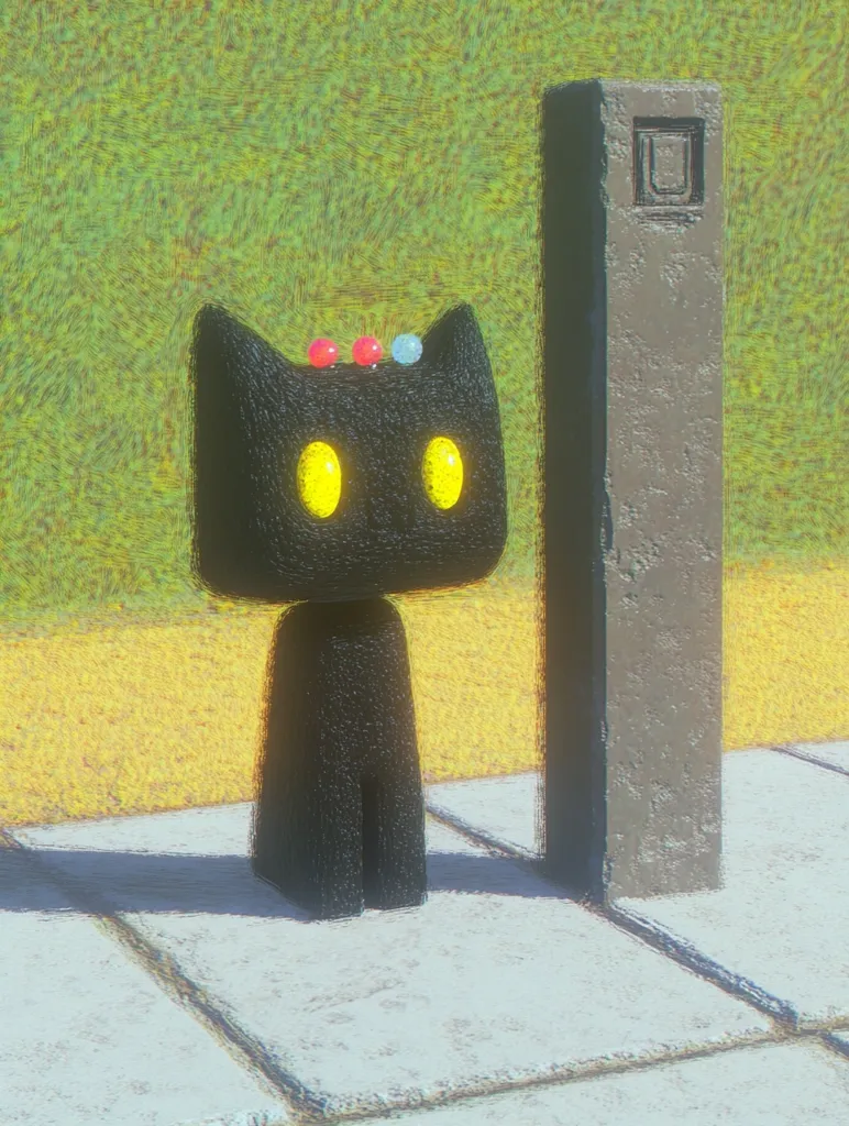 A cartoon black cat with yellow eyes and a few colorful dots on its head stands in front of a tall, gray rectangular pillar. The cat is standing on a concrete sidewalk with grassy patches in the background.  The scene is rendered with a painterly style, creating a fuzzy, textured look.  The image has a whimsical and charming feel.