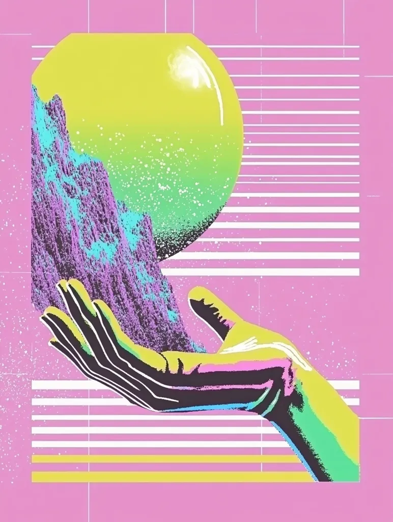 A stylized image of a hand reaching up to hold a sphere filled with a mountainous landscape, all set against a pink background with white and yellow lines.  The image is filled with a retro-futuristic 80's aesthetic with vibrant colors and geometric patterns.  It evokes a sense of wonder and curiosity, perhaps suggesting a journey into the unknown.