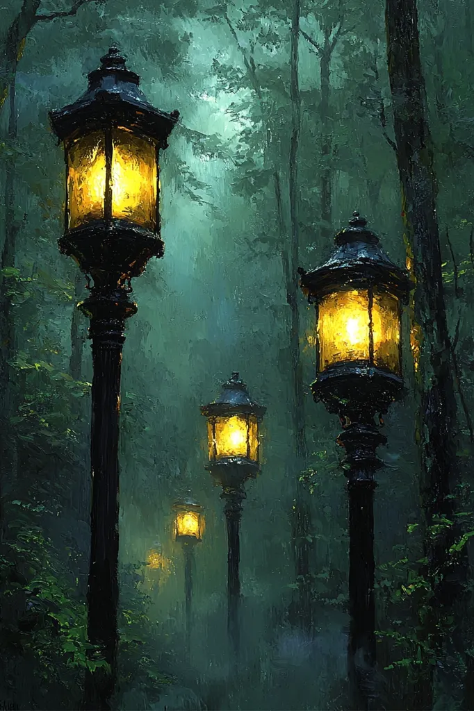The painting depicts a dimly lit forest path with a series of antique lampposts casting a warm glow. The dense foliage and mist create a sense of mystery and seclusion. The light from the lamps illuminates the path, inviting the viewer to explore the hidden secrets within the woods.  The artwork captures the essence of a magical and enchanting forest setting.