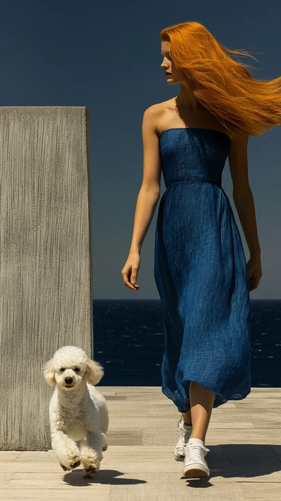 A woman with long, flowing red hair is walking towards the camera. She is wearing a blue dress and white sneakers. A small, white dog is running towards the camera in front of her. The woman and dog are walking on a tiled patio next to a concrete wall. The ocean is in the background.  The image is shot from a low angle, giving the viewer a perspective from the ground.