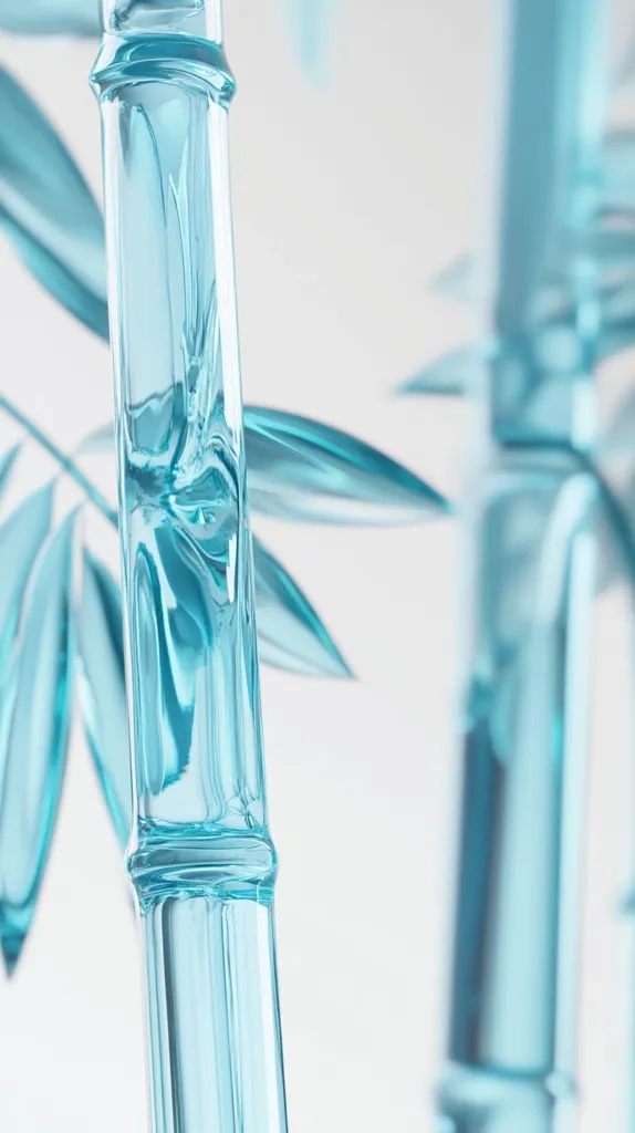A close-up of a transparent blue bamboo stalk. The stalk is smooth and shiny, with a slight curve. The background is blurry, with other bamboo stalks out of focus. The image conveys a sense of tranquility and serenity.