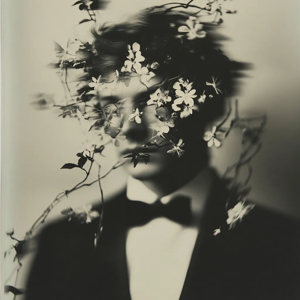 A black and white photograph of a person in a suit and bowtie. Their face is obscured by a large amount of white flowers and stems, creating a soft, dreamy effect. The image is a study in contrast and light, with the dark suit and hair contrasted against the bright white of the flowers. The overall effect is one of mystery and beauty.