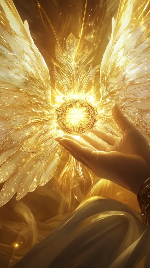 The image depicts a hand reaching out to a glowing orb surrounded by feathery wings. The scene is bathed in a golden light, creating an ethereal and celestial atmosphere. The intricate design of the orb and the delicate texture of the wings suggest a magical or spiritual element. The overall composition evokes a sense of wonder and anticipation, hinting at a momentous event or a powerful force at play.