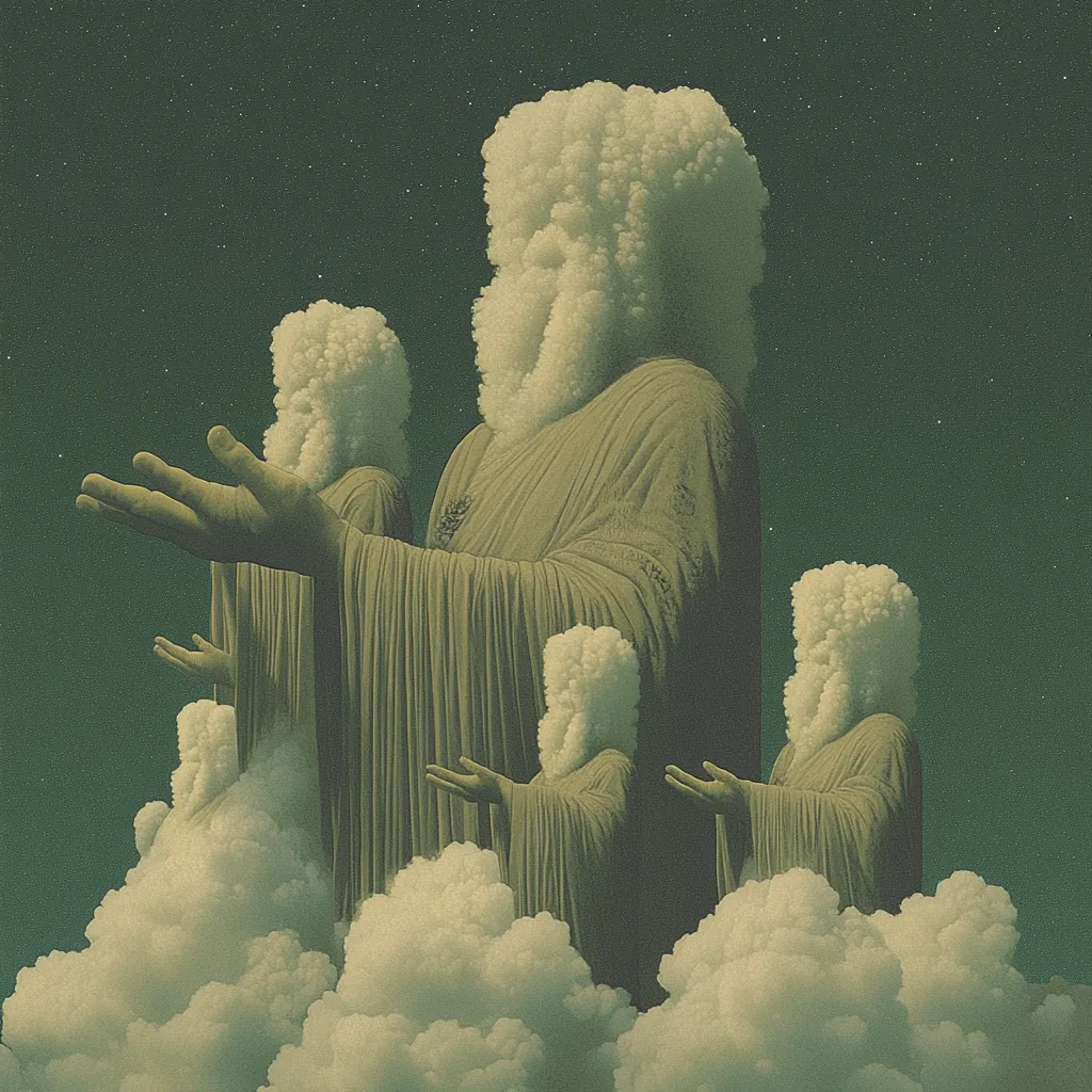 A group of cloud-like figures stand in a night sky with many stars. They have flowing robes and outstretched hands, giving the impression of a divine presence or ethereal beings. The image has a dream-like quality, suggesting a mystical or spiritual theme. The color palette is muted and earthy, adding to the atmosphere of mystery.