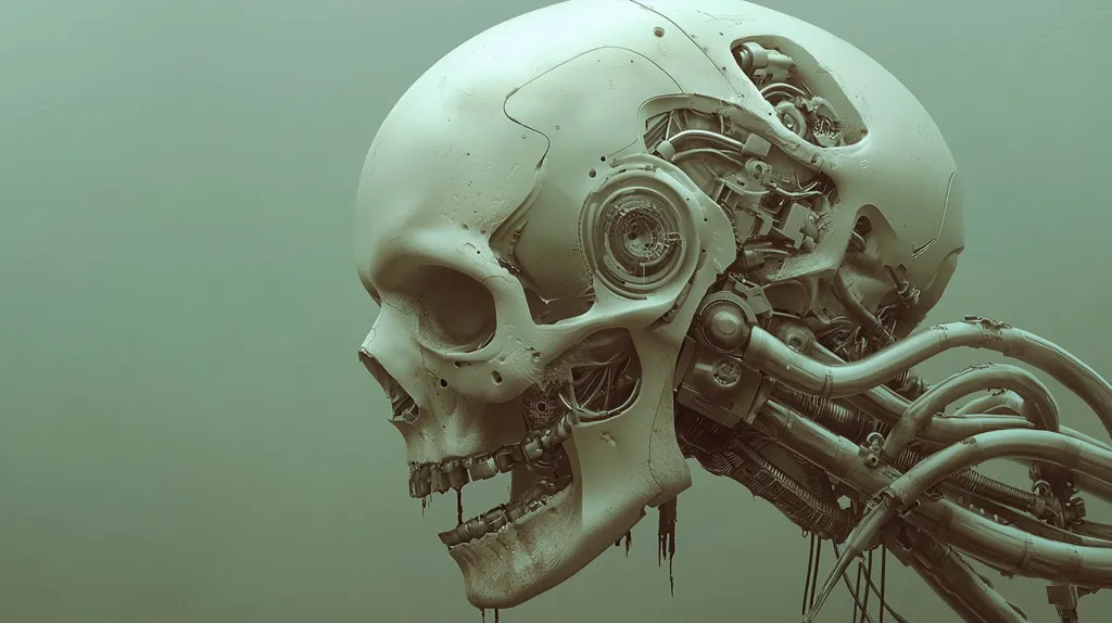 The image depicts a close-up view of a robotic skull, rendered in a monochromatic color palette. Its skeletal structure is detailed, revealing intricate mechanical components and wires that intertwine with its bone-like exterior. The skull's jaw hangs open, showcasing a set of teeth and a glimpse of its internal workings. The overall aesthetic evokes a sense of both awe and unease, hinting at the fusion of organic and technological elements.