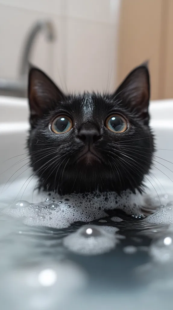 A black cat with large, round eyes stares up at the camera with a slightly worried expression. It's partially submerged in a bath of soapy water, with bubbles floating around its head and neck. The cat's whiskers are wet and its fur is glistening. The background is blurred, focusing attention on the cat's face.