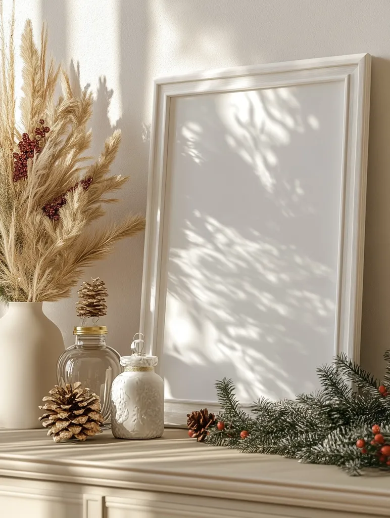 A large white picture frame leans against a white wall, casting a shadow on the wall. In front of it, a vase filled with dried pampas grass and a few pine cones sits on a light wooden table. Next to the vase are two decorative jars with a white one in the foreground and a clear glass one in the background. A sprig of fir with red berries completes the composition. The whole image is bathed in soft, natural light.