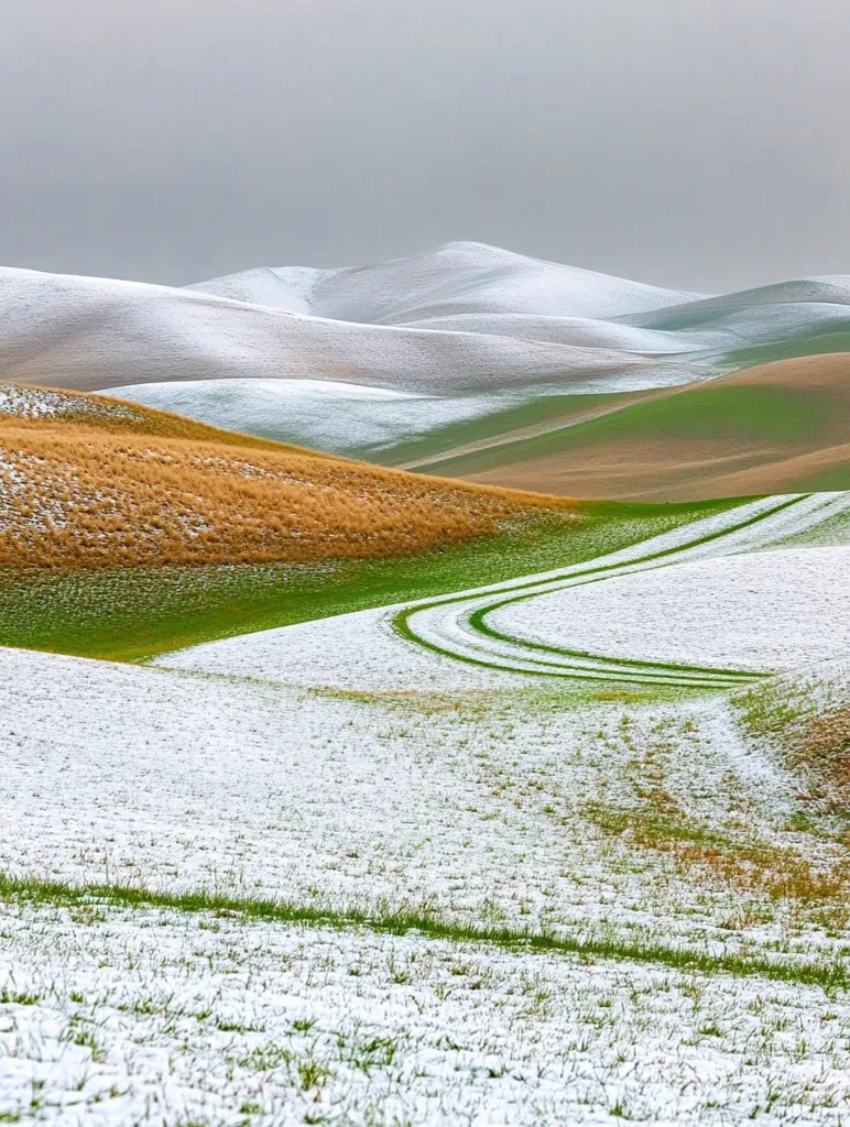 A picturesque landscape of rolling hills blanketed in a thin layer of snow.  The hills are a patchwork of green, brown, and white, creating a striking contrast against the grey sky.  Two tire tracks wind their way across the snowy terrain, adding a sense of movement to the scene. The image is serene and peaceful, evoking a sense of calm and tranquility.