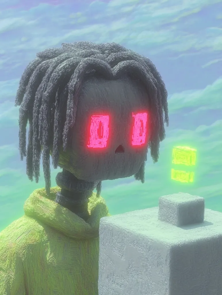 A 3D rendered character with dreadlocks and glowing red eyes stands in front of a large, white block. The character is wearing a lime green hoodie and looks to be made of a textured, digital material. There is a small, glowing yellow square in the background. The image has a hazy, pixelated aesthetic.