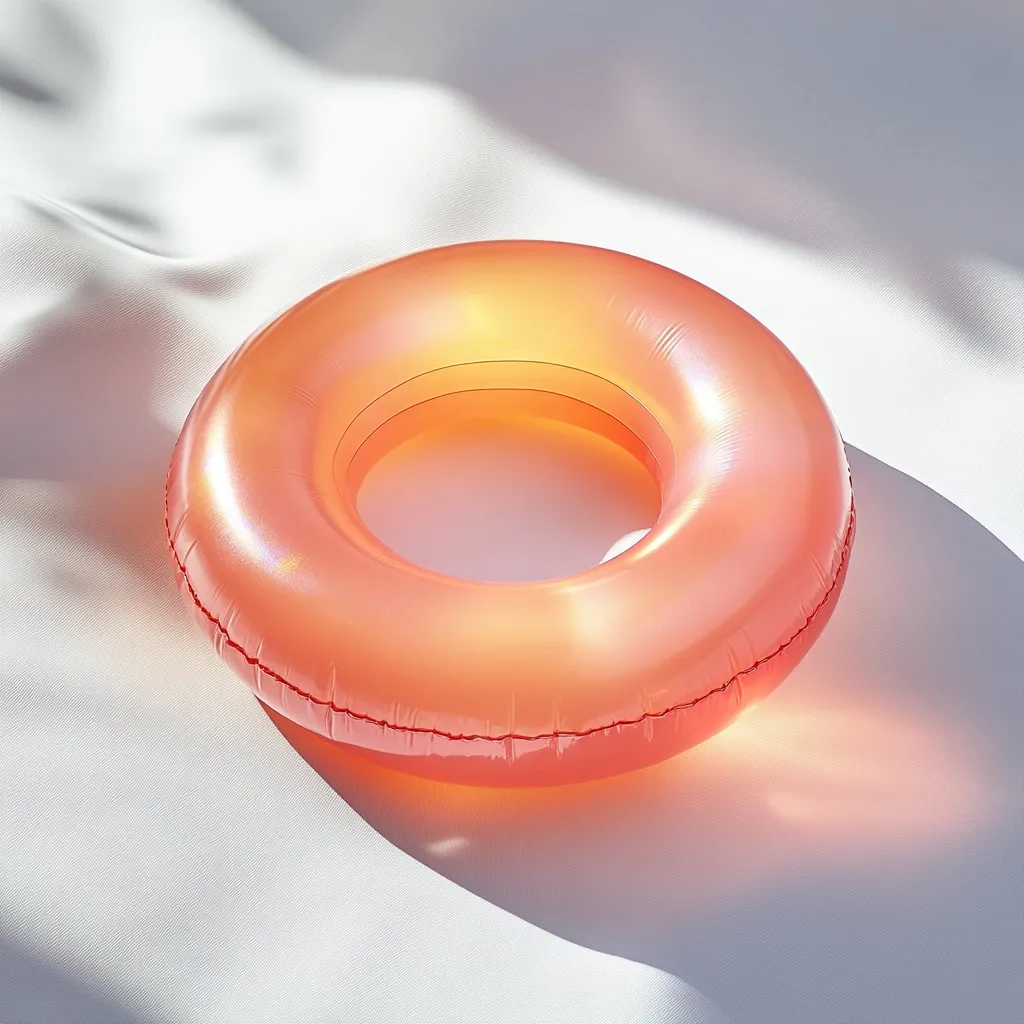 A bright orange inflatable ring floats on a white surface. The ring is shiny and has a subtle iridescent sheen. The light reflects off the ring, casting a soft shadow on the surface. The ring is deflated and appears to be ready for use. The image evokes a sense of summer fun and relaxation.