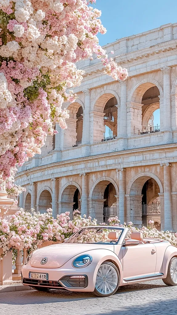 A pink Volkswagen Beetle convertible is parked in front of a beautiful white stone building with arched doorways.  A pink flowering tree frames the scene with its blossoms and a backdrop of blue sky.  The car is new and shiny, and the building appears to be ancient.  The scene creates a lovely juxtaposition of old and new, nature and architecture.