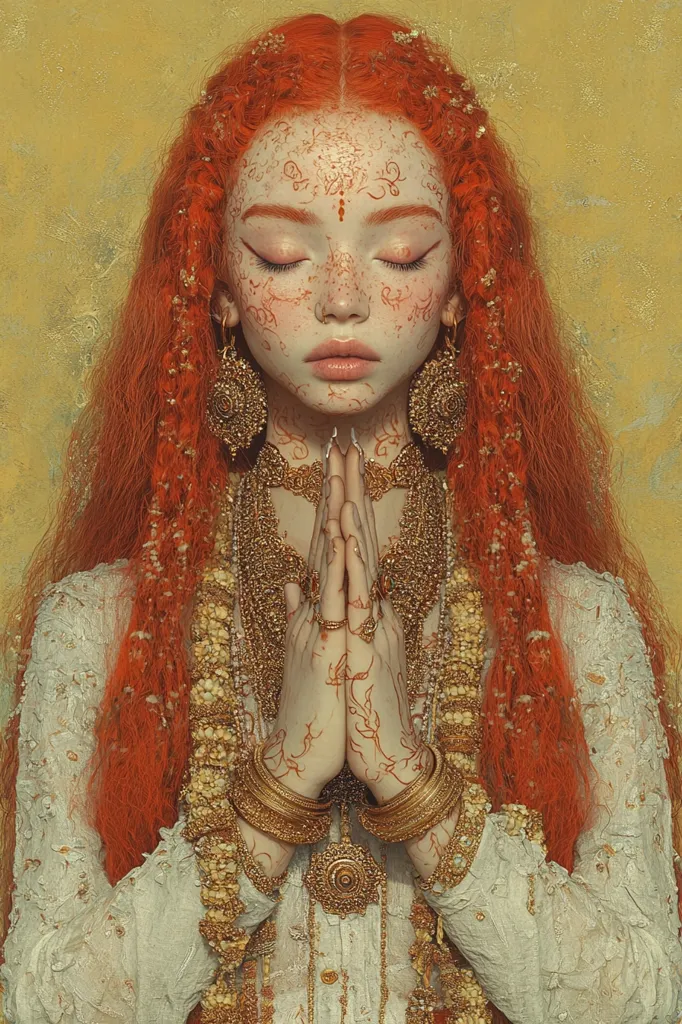 A woman with long, flowing red hair adorned with flowers,  wears a white, ornate dress with gold embellishments and jewelry. She has a henna tattoo on her face and hands. Her eyes are closed in prayer as her hands are held together.  The background is a soft yellow color. The overall image is a beautiful and ethereal portrait that evokes a sense of spirituality and peace.