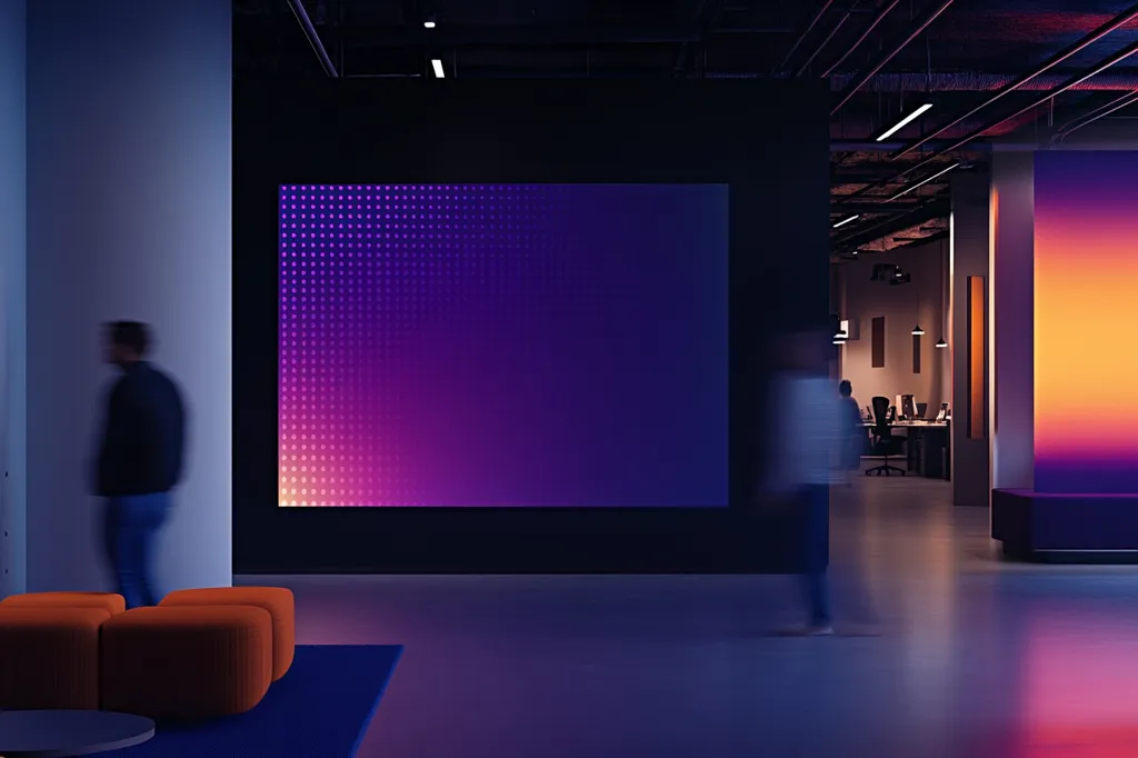 The image shows a modern office lobby with a large, glowing screen displaying a purple and orange gradient. The screen is a prominent feature in the space, set against a black wall. Two people, blurred and out of focus, walk past the screen. Orange seating is arranged in front of a blue rug, indicating a lounge area. The lighting is dim and creates a moody, sophisticated atmosphere.  The hallway leads to another room with office desks.
