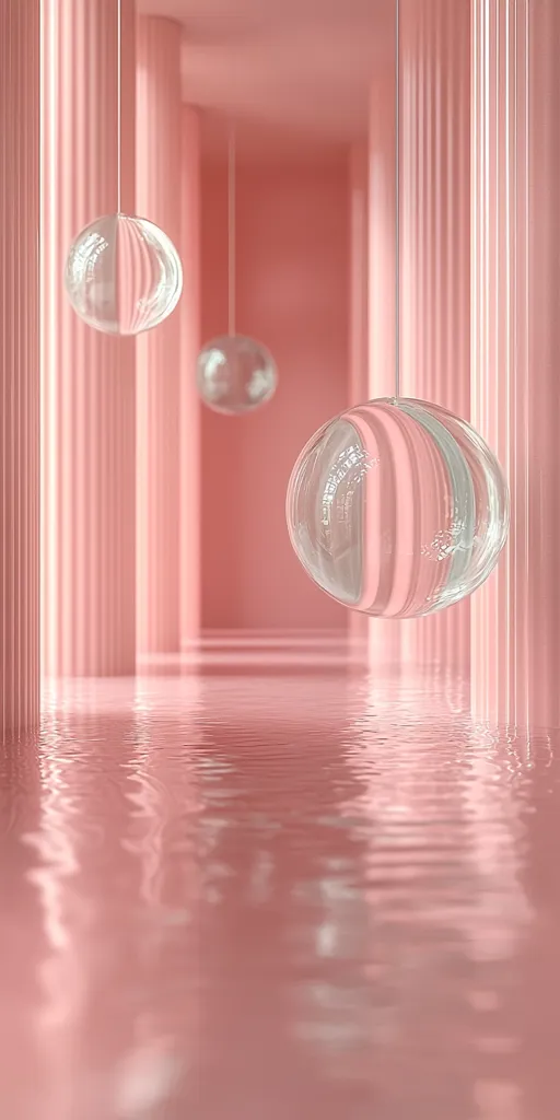 Three clear glass spheres hang from the ceiling of a pink room with fluted columns.  The spheres reflect the room and create a distorted view. The floor is covered in a reflective liquid that creates ripples. The entire scene is minimalist and abstract.