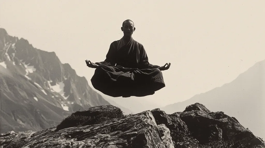 A black and white photo of a man in a robe meditating in a lotus position, levitating over a mountain range. The man is dressed in a dark robe and has his eyes closed. The mountains behind him are blurred and out of focus, creating a sense of tranquility. The photo is taken from a low angle, making the man appear larger and more powerful. The image is a powerful symbol of peace and meditation.