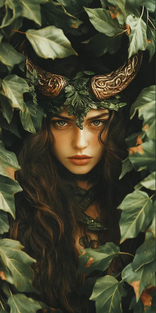 A young woman with long dark hair is framed by lush green leaves. She wears a crown of leaves and an ornate metal headpiece resembling horns. Her eyes are piercing, and she stares intently at the viewer, creating a mysterious and captivating image. The background is obscured by foliage, adding to the sense of intrigue.  The overall effect is one of ethereal beauty and hidden secrets.