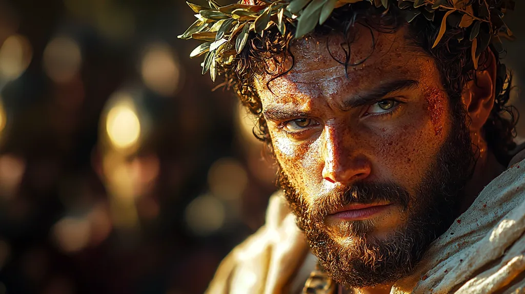 A close-up portrait of a man with a beard and a crown of leaves on his head. His eyes are intense and focused, and his expression is serious. He is covered in dust and grime, suggesting he has been through a battle or difficult journey. The background is blurry, suggesting a sense of movement and action. The image is lit in a warm, golden light, giving it a heroic and epic feel.