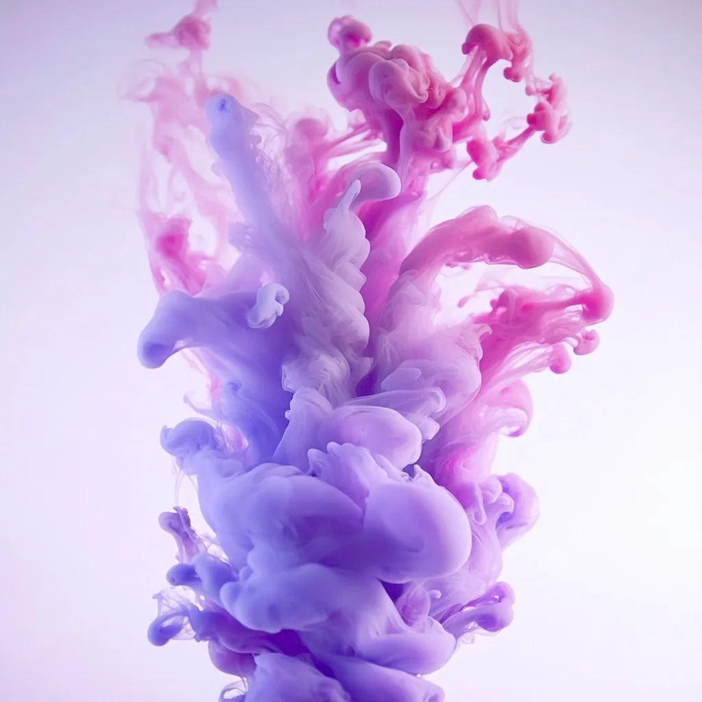 A swirling mass of vibrant pink and purple ink creates an abstract, ethereal cloud against a white background. The colors blend seamlessly, creating a sense of movement and fluidity. The ink appears to be suspended in mid-air, as if it were a wisp of smoke or a dream.